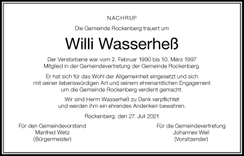 Traueranzeige von Willi Wasserheß von Wetterauer Zeitung