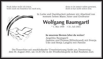 Traueranzeige von Wolfgang Baumgartl von Wetterauer Zeitung
