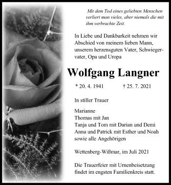 Traueranzeige von Wolfgang Langner von Giessener Allgemeine, Alsfelder Allgemeine