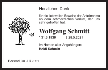 Traueranzeige von Wolfgang Schmitt von Reiskirchener Anzeiger