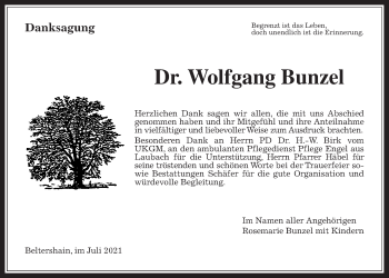 Traueranzeige von Wolfgangg Bunzel von Giessener Allgemeine, Alsfelder Allgemeine