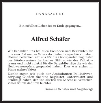 Traueranzeige von Alfred Schäfer von Giessener Allgemeine, Alsfelder Allgemeine