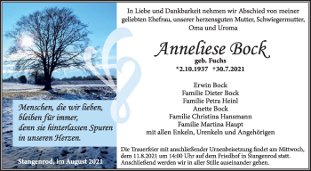 Traueranzeige von Anneliese Bock von Giessener Allgemeine, Alsfelder Allgemeine
