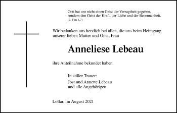 Traueranzeige von Anneliese Lebeau von Giessener Allgemeine, Alsfelder Allgemeine