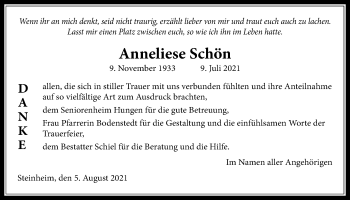 Traueranzeige von Annelise Schön von Licher Wochenblatt