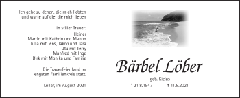 Traueranzeige von Bärbel Löber von Wetterauer Zeitung, Giessener Allgemeine, Alsfelder Allgemeine