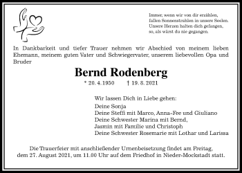 Traueranzeige von Bernd Rodenberg von Wetterauer Zeitung