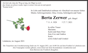 Traueranzeige von Berta Zerwer von Giessener Allgemeine, Alsfelder Allgemeine
