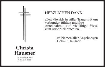 Traueranzeige von Christa Hausner von Wetterauer Zeitung