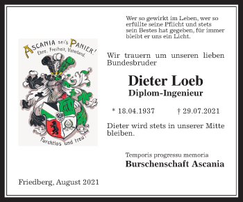 Traueranzeige von Dieter Loeb von Wetterauer Zeitung