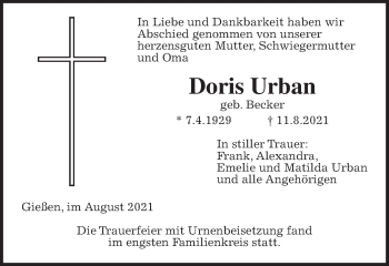 Traueranzeige von Doris Urban von Giessener Allgemeine, Alsfelder Allgemeine