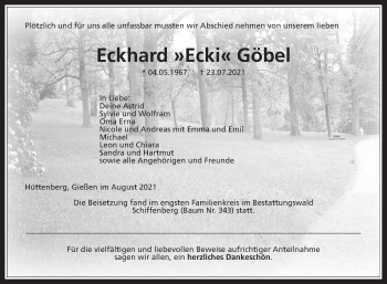 Traueranzeige von Eckhard Göbel von Giessener Allgemeine, Alsfelder Allgemeine