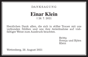 Traueranzeige von Einar Klein von Giessener Allgemeine, Alsfelder Allgemeine