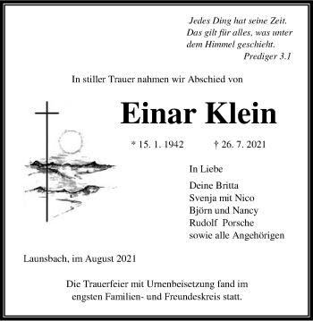 Traueranzeige von Einar Klein von Giessener Allgemeine, Alsfelder Allgemeine