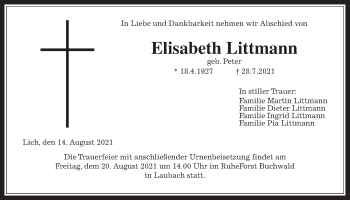 Traueranzeige von Elisabeth Littmann von Giessener Allgemeine, Alsfelder Allgemeine