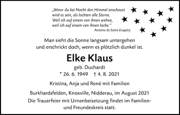 Traueranzeige von Elke Klaus von Giessener Allgemeine, Alsfelder Allgemeine