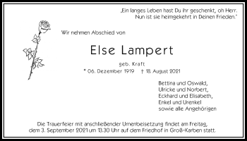 Traueranzeige von Else Lampert von Bad Vilbel/Karben