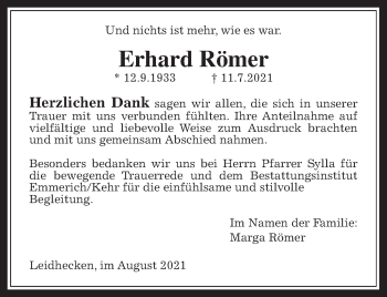 Traueranzeige von Erhard Römer von Wetterauer Zeitung