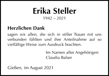 Traueranzeige von Erika Steller von Giessener Allgemeine, Alsfelder Allgemeine