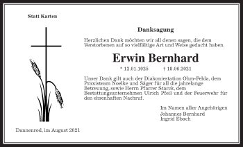 Traueranzeige von Erwin Bernhard von Alsfelder Allgemeine