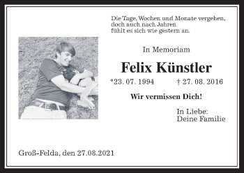 Traueranzeige von Felix Künstler von Giessener Allgemeine, Alsfelder Allgemeine