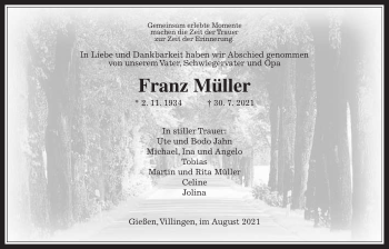 Traueranzeige von Franz Müller von Pohlheimer Nachrichten