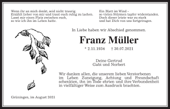 Traueranzeige von Franz Müller von Pohlheimer Nachrichten