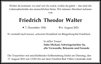 Traueranzeige von Friedrich Theodor Walter von Bad Vilbel/Karben