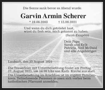 Traueranzeige von Garvin Armin Scherer von Laubacher Anzeiger