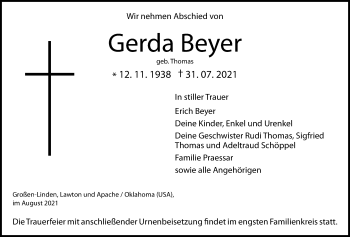 Traueranzeige von Gerda Beyer von Giessener Allgemeine, Alsfelder Allgemeine