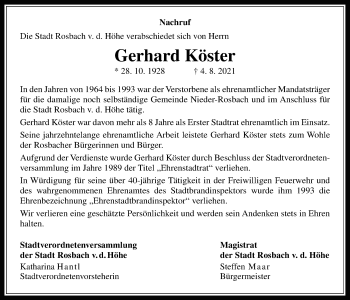 Traueranzeige von Gerhard Köster von Wetterauer Zeitung