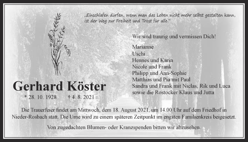  Traueranzeige für Gerhard Köster vom 14.08.2021 aus Wetterauer Zeitung