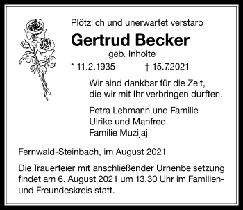 Traueranzeige von Gertrud Becker von Licher Wochenblatt