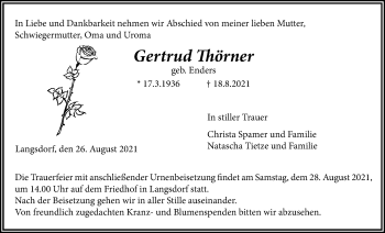 Traueranzeige von Gertrud Thörner von Licher Wochenblatt