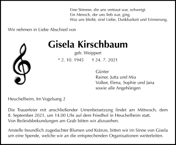 Traueranzeige von Gisela Kirschbaum von Giessener Allgemeine, Alsfelder Allgemeine