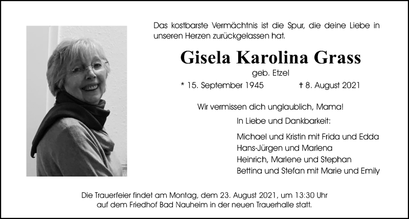  Traueranzeige für Gisela Karolina Grass vom 14.08.2021 aus Wetterauer Zeitung
