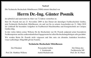 Traueranzeige von Günter Posmik von Giessener Allgemeine, Alsfelder Allgemeine