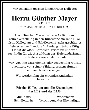 Traueranzeige von Günther Mayer von Giessener Allgemeine, Alsfelder Allgemeine