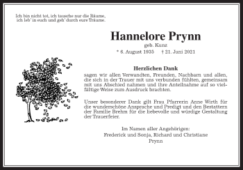 Traueranzeige von Hannelore Prynn von Wetterauer Zeitung