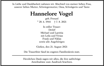 Traueranzeige von Hannelore Vogel von Giessener Allgemeine, Alsfelder Allgemeine