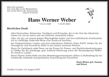 Traueranzeige von Hans Werner Weber von Giessener Allgemeine, Alsfelder Allgemeine