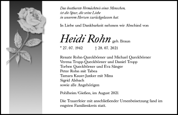 Traueranzeige von Heidi Rohn von Giessener Allgemeine, Alsfelder Allgemeine