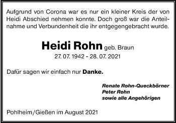 Traueranzeige von Heidi Rohn von Giessener Allgemeine, Alsfelder Allgemeine