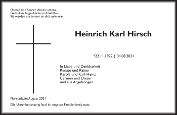 Traueranzeige von Heinrich Karl Hirsch von Wetterauer Zeitung