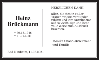 Traueranzeige von Heinz Brückmann von Wetterauer Zeitung