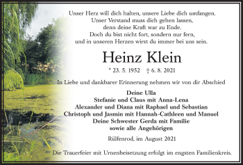 Traueranzeige von Heinz Klein von Alsfelder Allgemeine