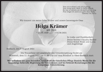 Traueranzeige von Helga Krämer von Wetterauer Zeitung