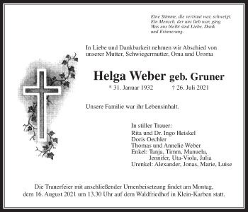 Traueranzeige von Helga Weber von Bad Vilbel/Karben