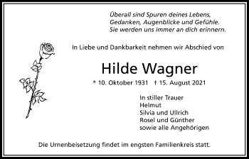 Traueranzeige von Hilde Wagner von Bad Vilbel/Karben