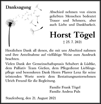 Traueranzeige von Horst Tögel von Giessener Allgemeine, Alsfelder Allgemeine